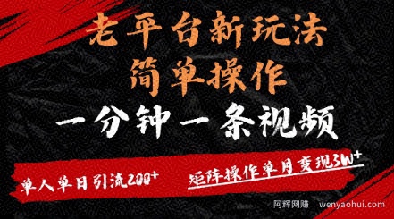 老平台，新玩法，简单操作，一分钟一条视频，单人单人引流200+矩阵操作，单月变现过w