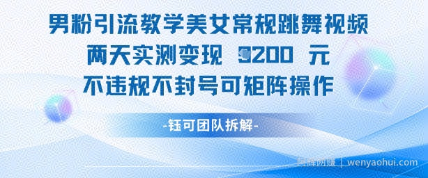 男粉引流教学美女常规跳舞视频两天实测变现1k+，不违规不封号可矩阵操作