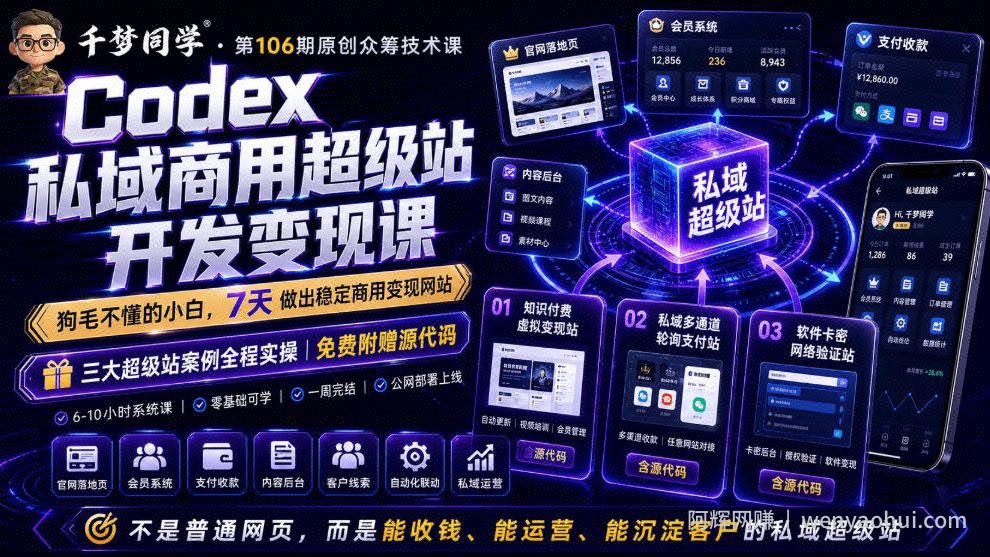 Codex私域商用超级站Ai开发变现课，7天带你从零基础到能自己动手做出能收钱、能运营、能沉淀客户的私域超级站（完结）