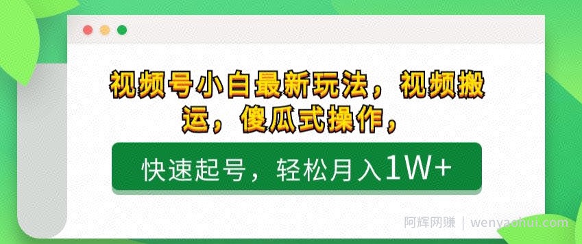 视频号小白最新玩法，视频搬运，傻瓜式操作，快速起号，轻松月入1W+