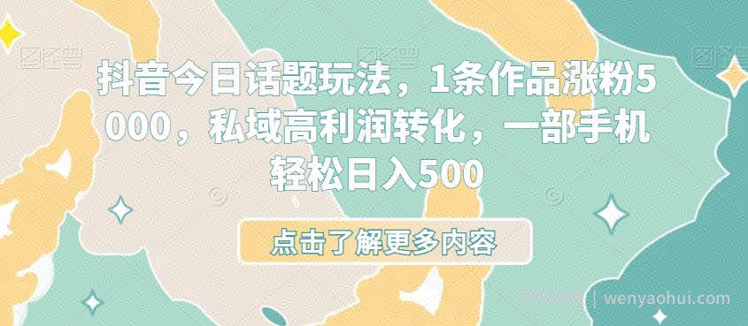 抖音今日话题玩法，1条作品涨粉5000，私域高利润转化，一部手机轻松日入500