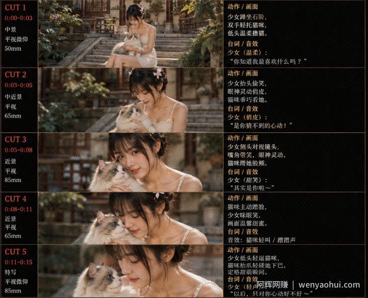 美女和猫故事提示词，人物一致性提示词+故事板