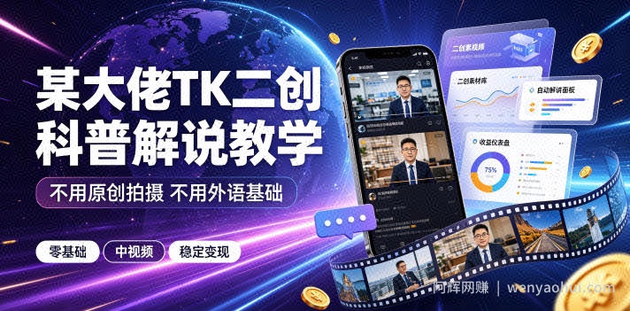 某大佬TK二创科普解说教学，不用原创拍摄不用外语基础，零基础做TikTok中视频稳定变现
