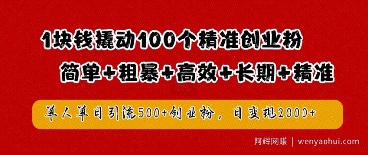 1块钱撬动100个精准创业粉，简单粗暴高效长期精准，单人单日引流500+创业粉，日变现2k【揭秘】