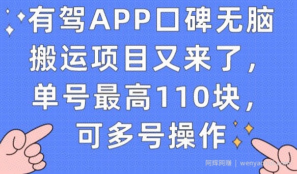 有驾APP口碑无脑搬运项目又来了，单号最高110块，可多号操作
