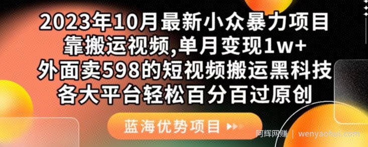 2023年10月最新小众暴力项目，靠搬运视频,单月变现1w+，外面卖598的短视频搬运黑科技，各大平台轻松百分百过原创