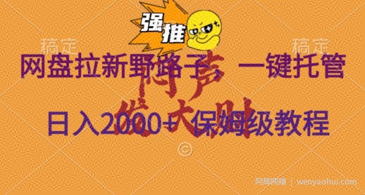 网盘拉新野路子，一键托管有号就行，全自动代发视频，每日躺赚2000＋，保姆级落地教程