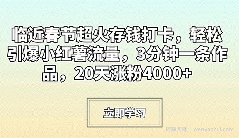 临近春节超火存钱打卡，轻松引爆小红薯流量，3分钟一条作品，20天涨粉4000+【揭秘】