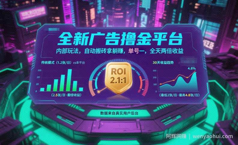 全新广告撸金平台，内部玩法，自动搬砖拿躺賺，单号一天保底2张+，全天两倍收益【揭秘】