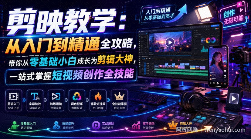剪映教学：从入门到精通全攻略，带你从零基础小白成长为剪辑大神，一站式掌握短视频创作全技能
