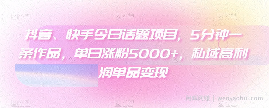 抖音、快手今日话题项目，5分钟一条作品，单日涨粉5000+，私域高利润单品变现