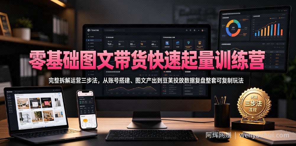 零基础图文带货快速起量训练营，完整拆解运营三步法，从账号搭建、图文产出到豆荚投放数据复盘整套可复制玩法