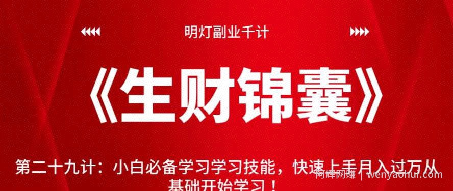 明灯副业千计—《生财锦囊》第二十九计：小白必备学习学习技能，快速上手月入过万从基础开始学习【视频课程】