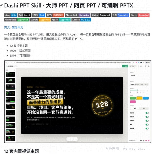 史上最强PPT Skill来了？一键做出超级美观、可编辑的PPT，含多款主题和精美组件Dashi PPT Skill
