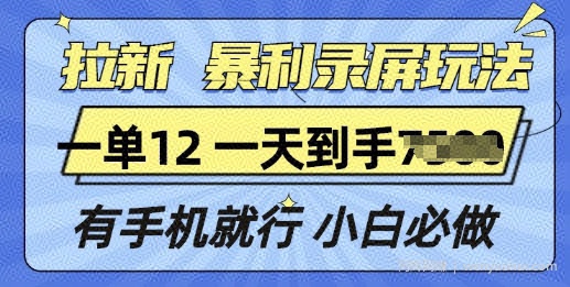 拉新暴利录屏玩法,一单12块,有手机就行,小白必做