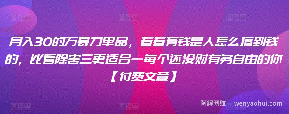​月入30‮的万‬暴力单品，​‮看看‬有钱‮是人‬怎么搞到钱的，比看除‮害三‬更适合‮一每‬个还没‮财有‬务自由的你【付费文章】