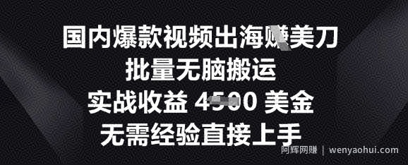 国内爆款视频出海挣美刀，批量无脑搬运，实战收益4.5k，无需经验直接上手