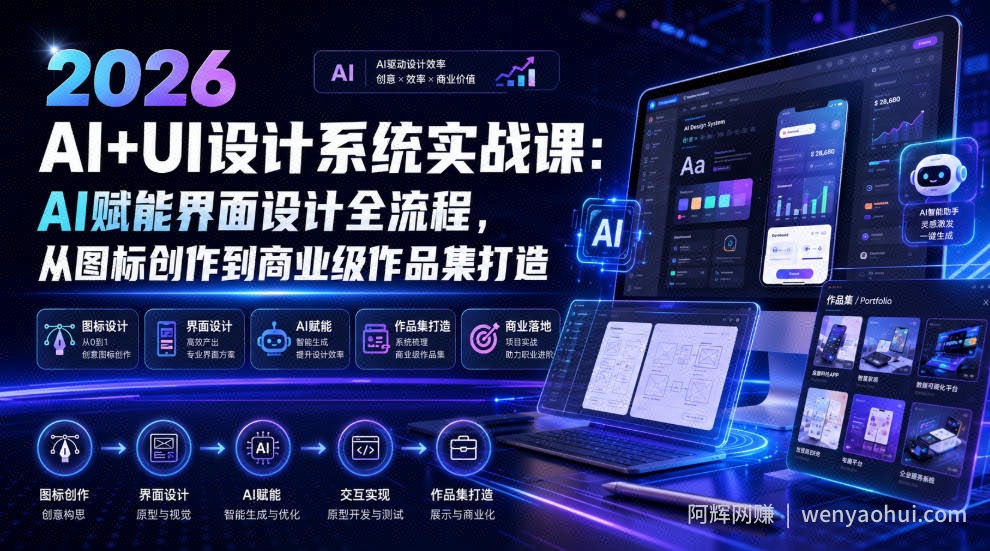 2026 AI+UI设计系统实战课：AI赋能界面设计全流程，从图标创作到商业级作品集打造