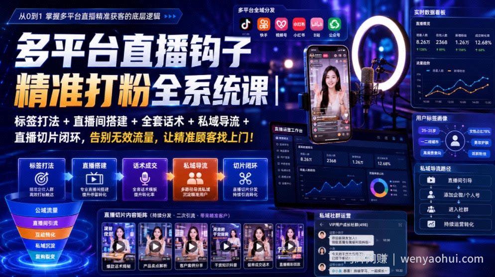 多平台直播钩子精准打粉全系统课|标签打法+直播间搭建+全套话术+私域导流+直播切片闭环,告别无效流量,让精准顾客找上门!
