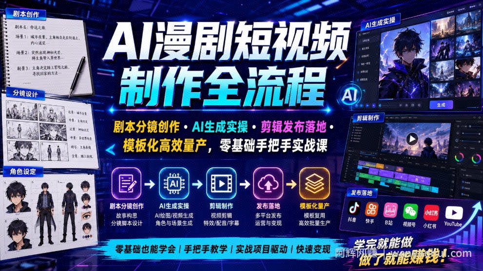 AI漫剧短视频制作全流程｜剧本分镜创作・AI生成实操・剪辑发布落地・模板化高效量产，零基础手把手实战课