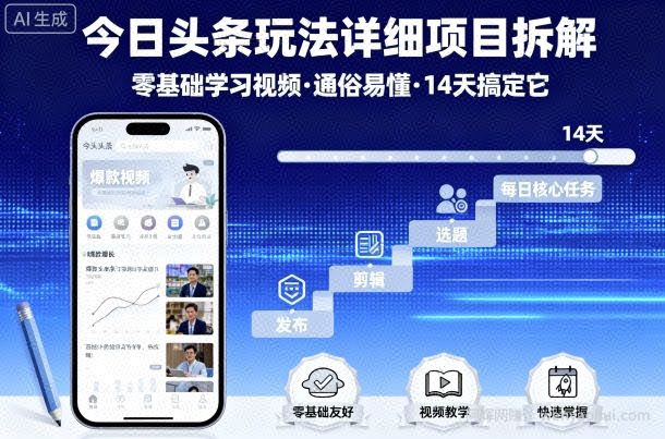 今日头条玩法详细项目拆解，零基础学习视频 通俗易懂 14天搞定它