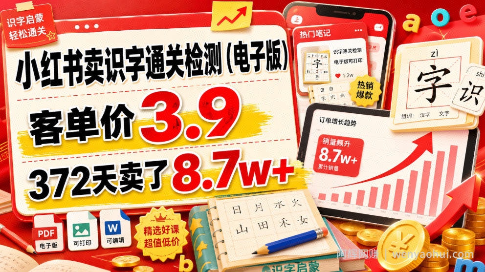 小红书卖识字通关检测（电子版），客单价3.9，372天卖了8.7w+