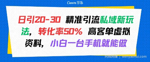日引 20-30 精准引流私域新玩法，转化率50% 高客单虚拟资料，小白一台手机就能做