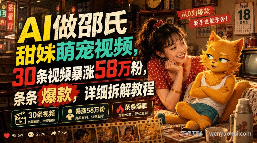 AI做邵氏甜妹萌宠视频，30条视频暴涨58万粉，条条爆款，详细拆解教程