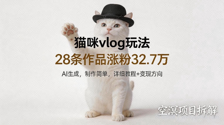 猫咪vlog玩法，28条作品涨粉32.7W，AI生成，制作简单，详细教程+变现方向