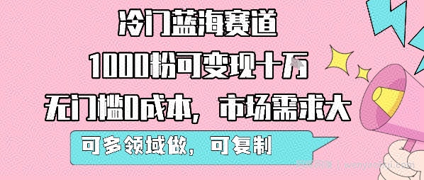 冷门蓝海赛道，1000粉可变现十W，无门槛0成本，市场需求大，可多领域做，可复制性强