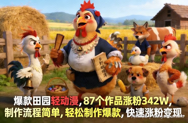 爆款田园轻动漫，87个作品涨粉342W，制作流程简单，轻松制作爆款，快速涨粉变现