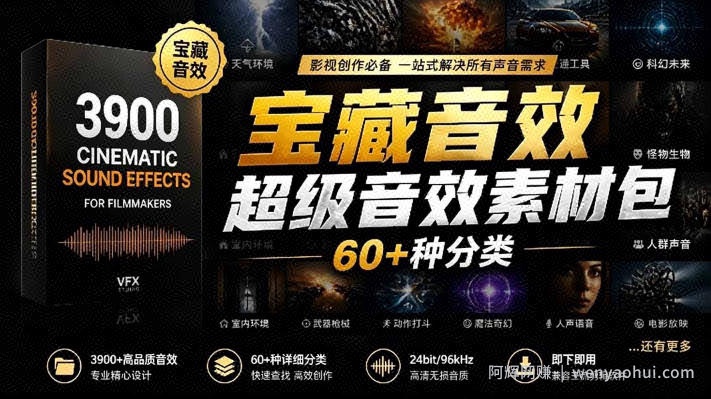 宝藏音效合集包！60+多种音效分类，共计3900个，分类清晰，全中文分类，高品质剪辑音效素材包