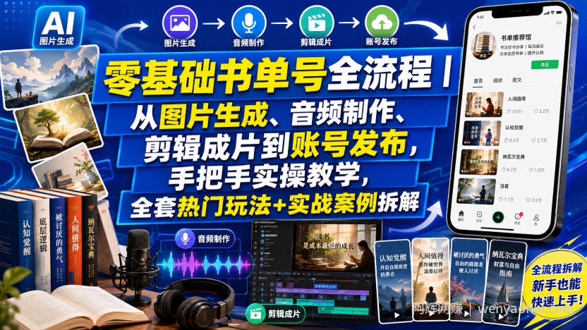 零基础书单号全流程｜从图片生成、音频制作、剪辑成片到账号发布，手把手实操教学，全套热门玩法+实战案例拆解
