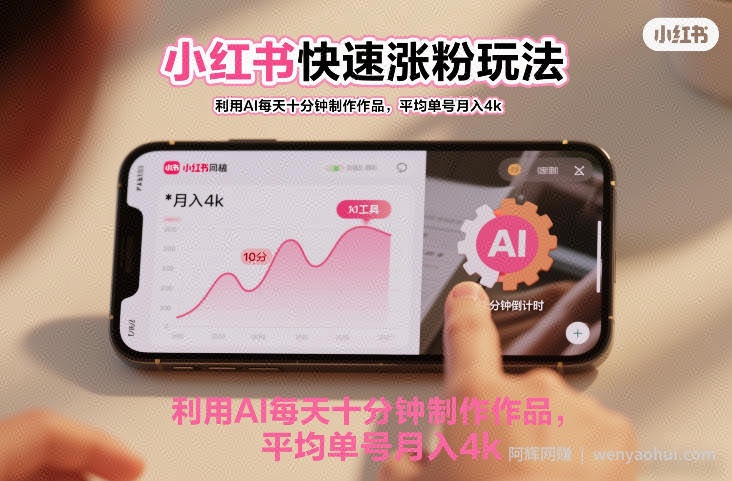 小红书快速涨粉玩法，利用AI每天十分钟制作作品，平均单号月入4k