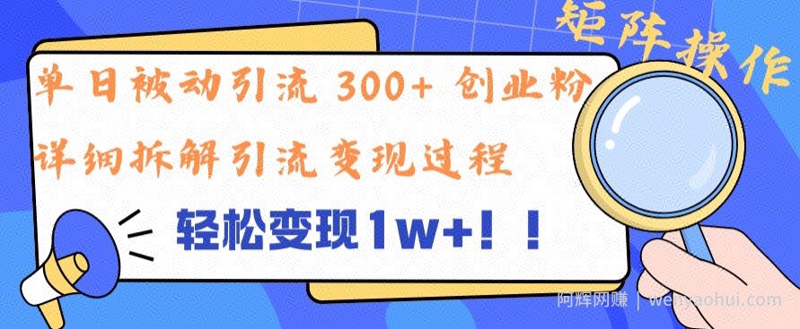 单日被动引流 300+ 创业粉，轻松变现1w+，矩阵操作详细拆解引流变现过程