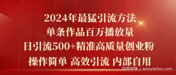 2024年最猛暴力引流方法，单条作品百万播放 单日引流500+高质量精准创业粉