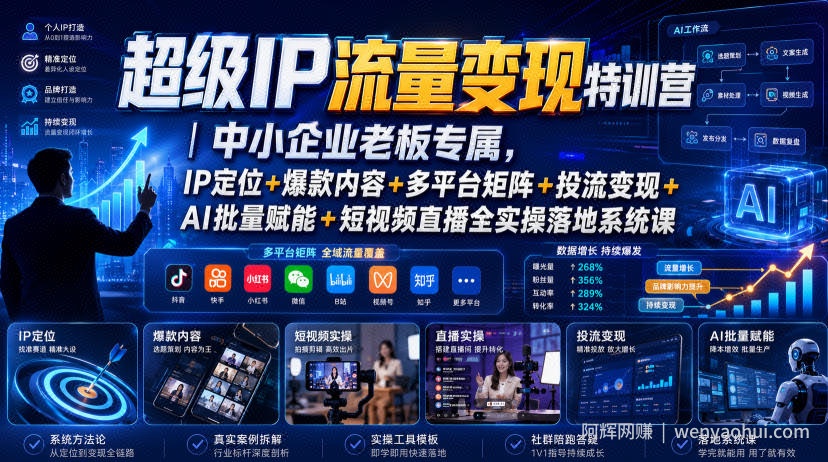 超级IP流量变现特训营|中小企业老板专属,IP定位+爆款内容+多平台矩阵+投流变现+AI批量赋能+短视频直播全实操落地系统课