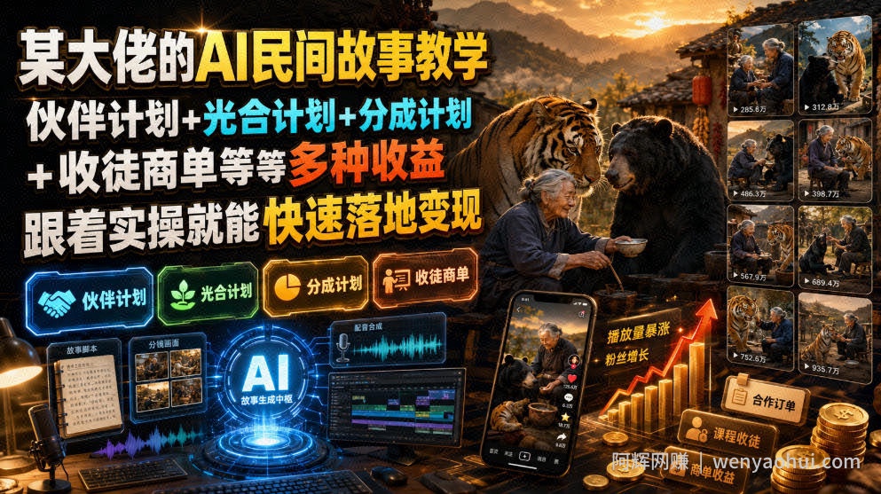 某大佬的AI民间故事教学，伙伴计划+光合计划+分成计划+收徒商单等多种收益，跟着实操就能快速落地变现