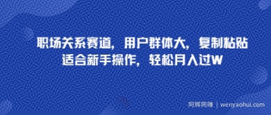 职场关系赛道，用户群体大，复制粘贴，适合新手操作，轻松月入过W