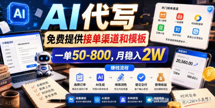 AI代写，免费提供接单渠道和模板，一单50-800，月稳入2W【揭秘】