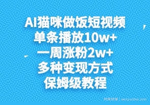 AI猫咪做饭短视频，单条播放10w+，一周涨分2w+，多种变现方式，保姆级教程