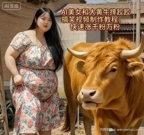 AI美女和大黄牛摔跤搞笑荒诞视频制作教程，快速涨千粉万粉