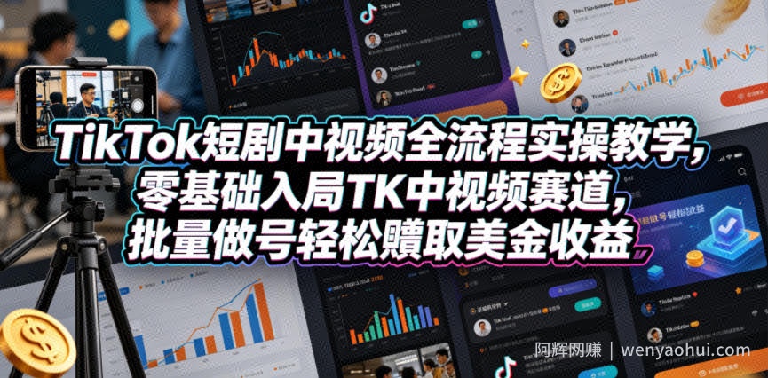 TikTok短剧中视频全流程实操教学，零基础入局TK中视频赛道，批量做号轻松賺取美金收益