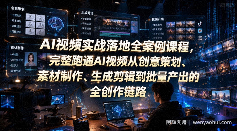 AI视频实战落地全案例课程，完整跑通AI视频从创意策划、素材制作、生成剪辑到批量产出的全创作链路