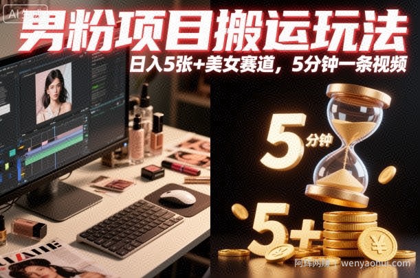 男粉项目搬运玩法，日入5张+美女赛道，5分钟一条视频