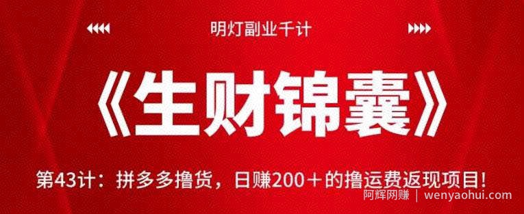 明灯副业千计—《生财锦囊》第43计：拼多多撸货，日赚200＋的撸运费返现项目!【视频课程】