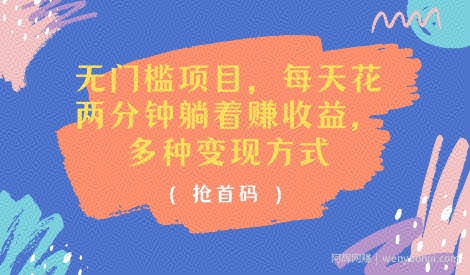 无门槛项目，每天花两分钟躺着收益，多种收益方式(抢首码)