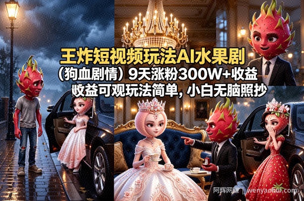 王炸短视频玩法AI水果剧（狗血剧情）9天涨粉300W+收益可观玩法简单，小白无脑照抄，详细拆解玩法