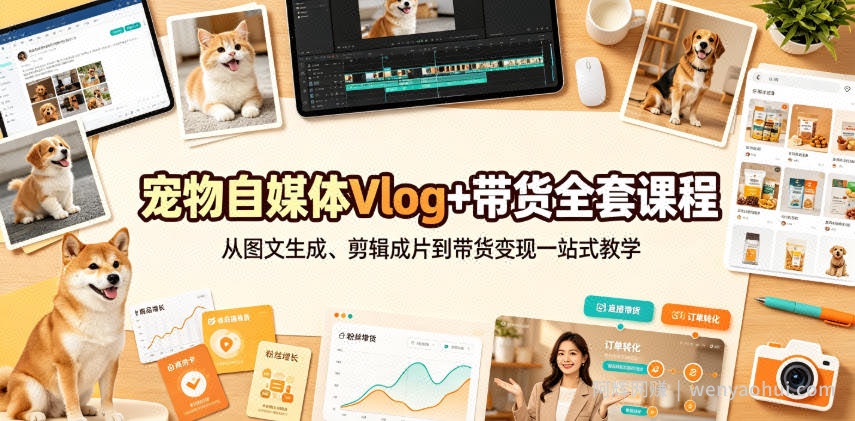 宠物自媒体Vlog+带货全套课程|从图文生成、剪辑成片到带货变现一站式教学