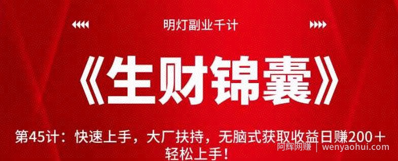 明灯副业千计—《生财锦囊》第45计：快速上手，大厂扶持，无脑式获取收益日赚200＋轻松上手！【视频课程】